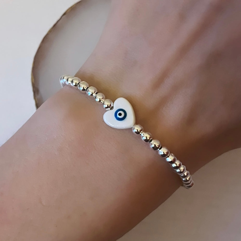 Heart evil eye bracelet - silver plated