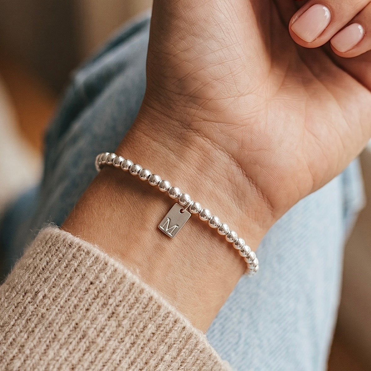 925 Sterling Silver Engraved Initial Tag Bracelet