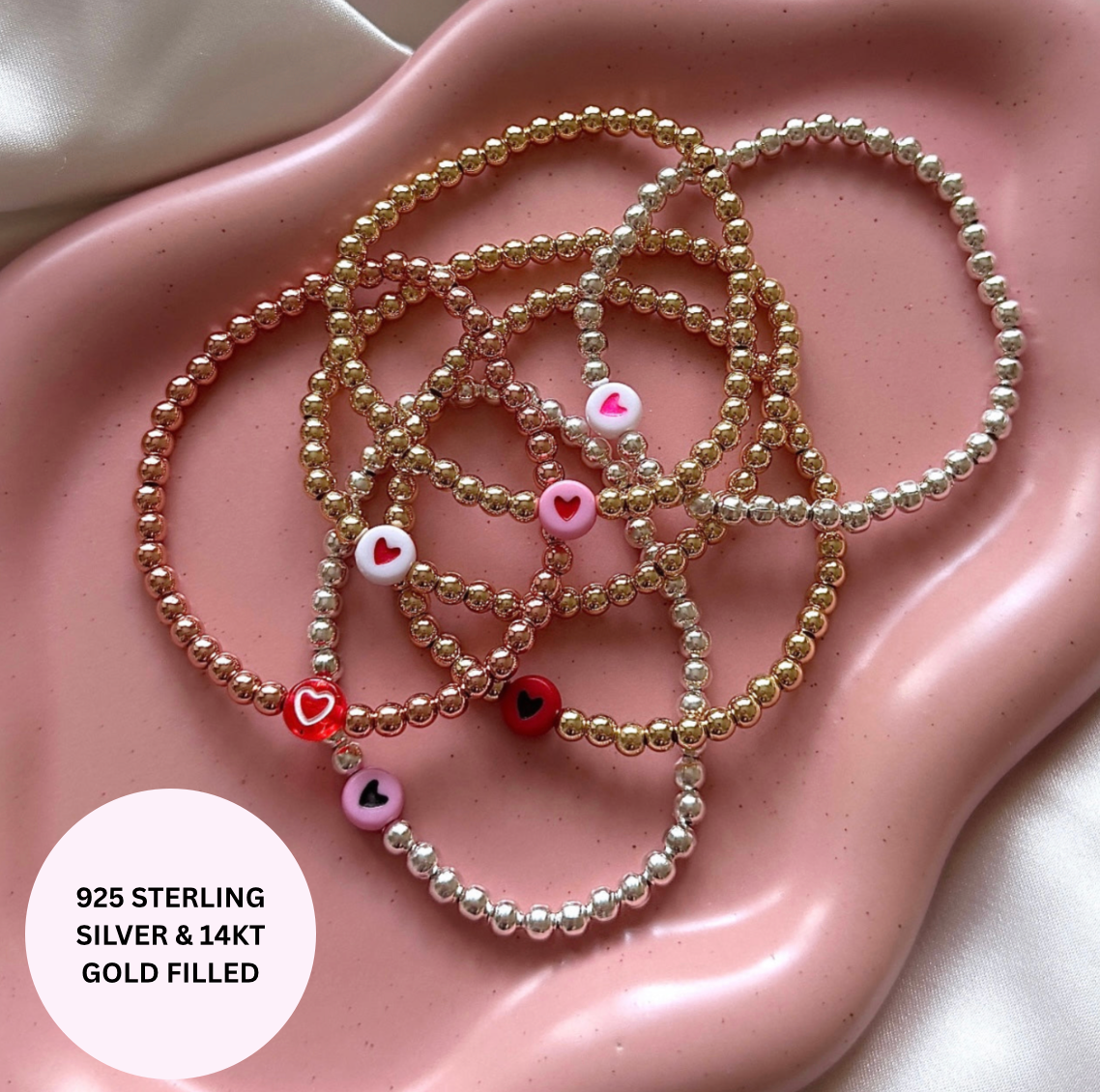 Luxe mix and match pink heart stacking bracelets