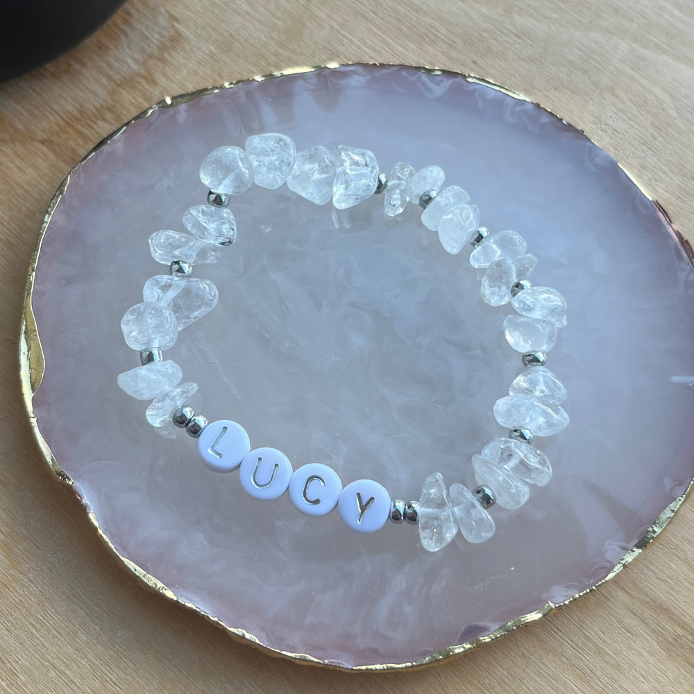 Clear rock crystal personalised bracelet - Positively Beaded