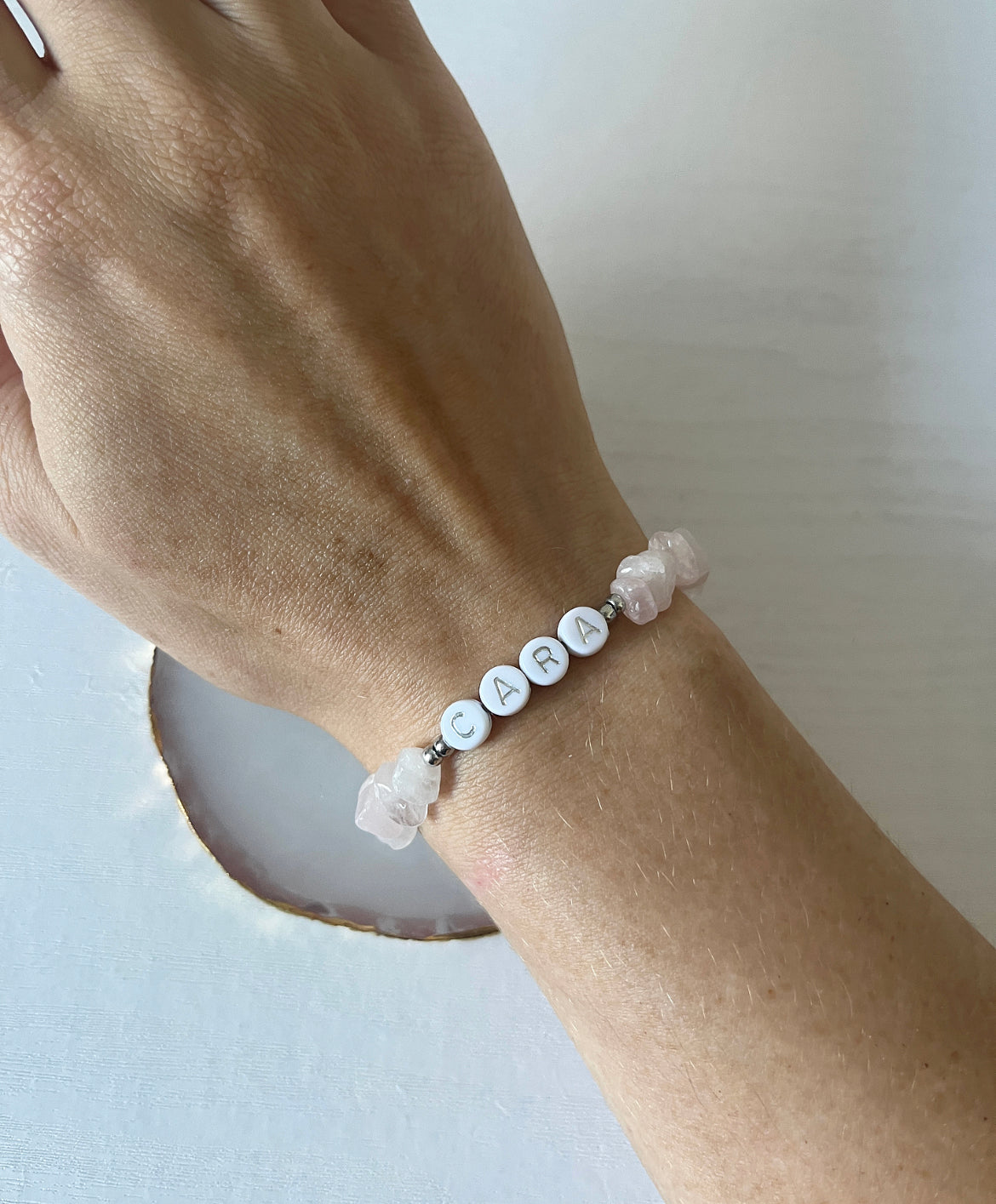 Rose quartz personalised bracelet - Positively Beaded