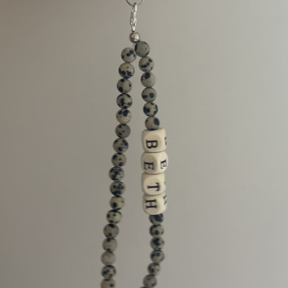 
                      
                        Load and play video in Gallery viewer, Personalised beaded phone strap - Dalmatian jasper
                      
                    