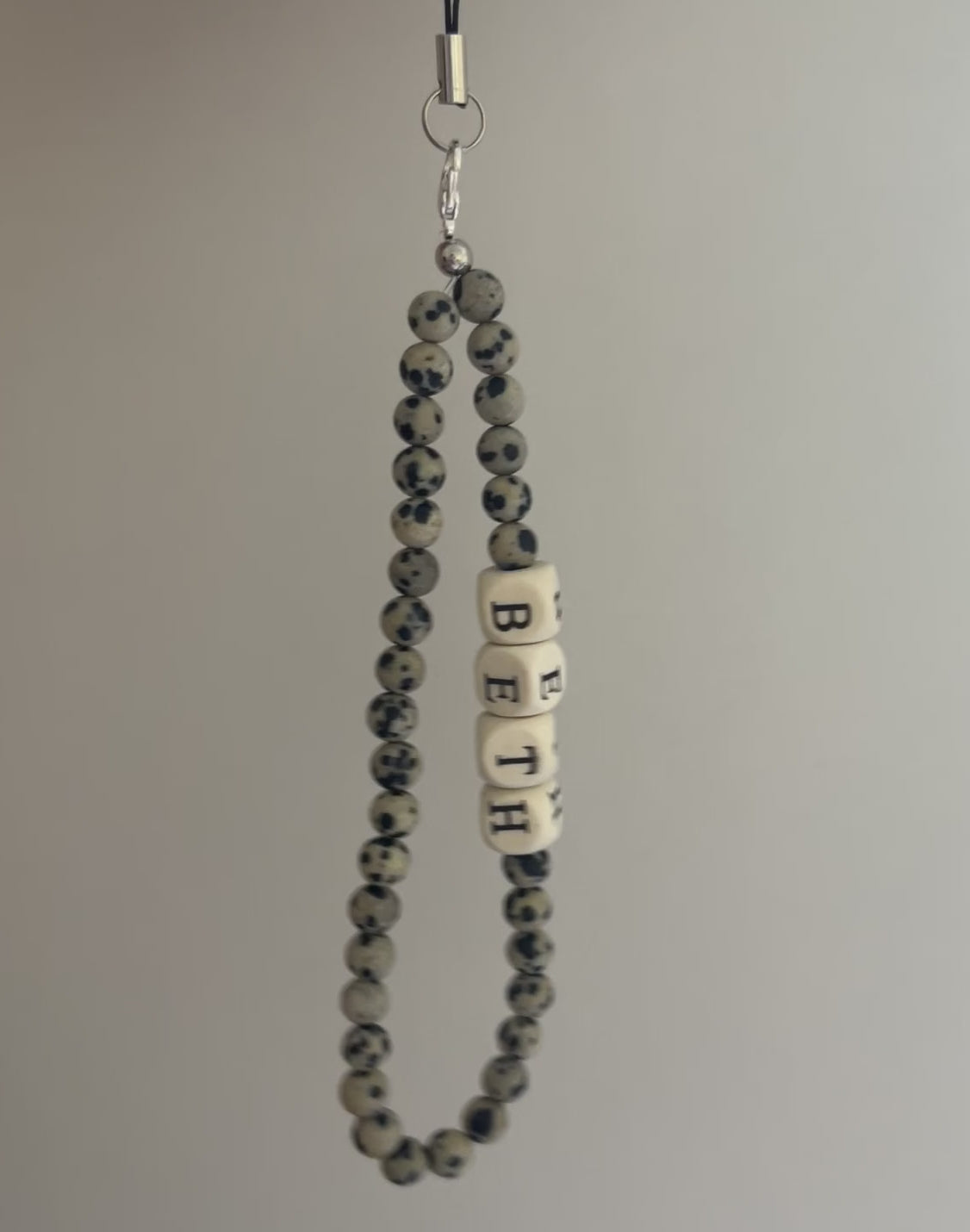 Personalised beaded phone strap - Dalmatian jasper