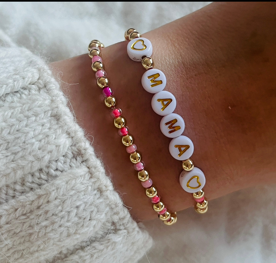 Pink and gold heart name bracelet