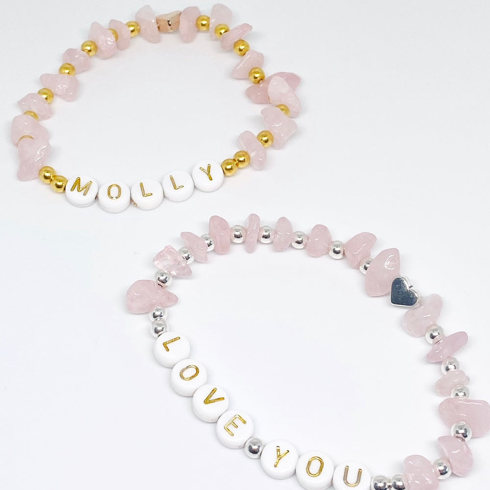 Rose quartz heart detail personalised bracelet - Positively Beaded