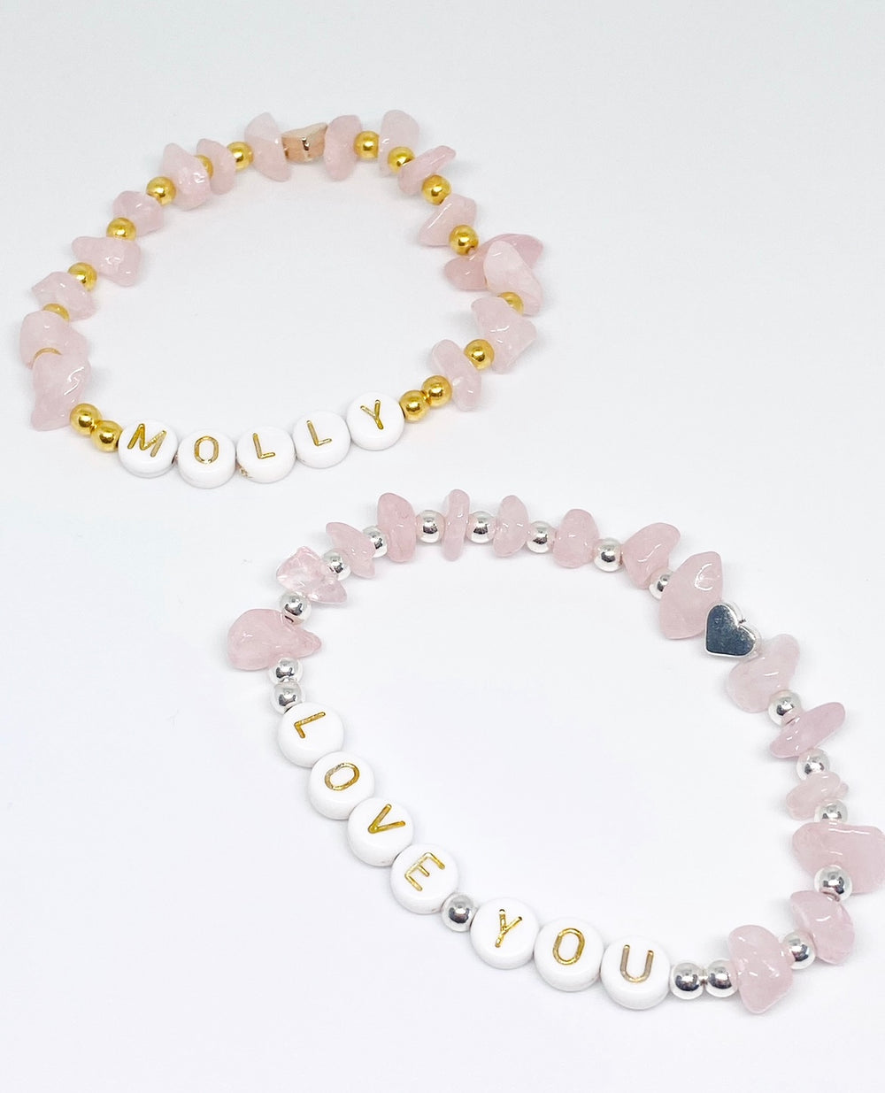 Rose quartz heart detail personalised bracelet