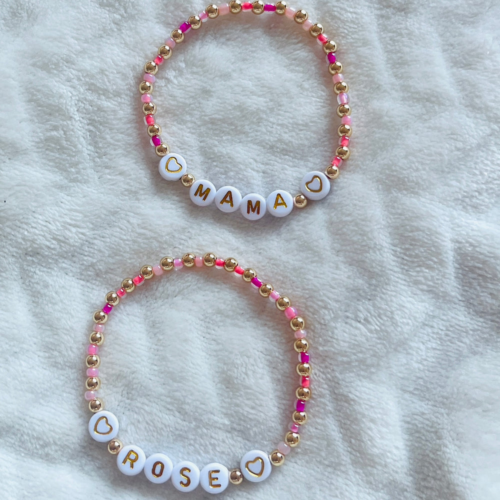Pink and gold heart name bracelet - Positively Beaded