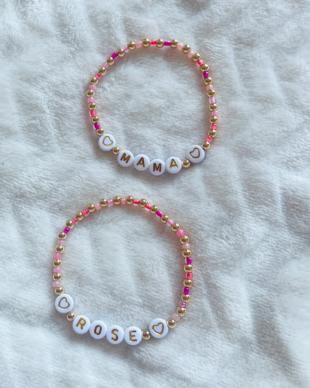 Pink and gold heart name bracelet