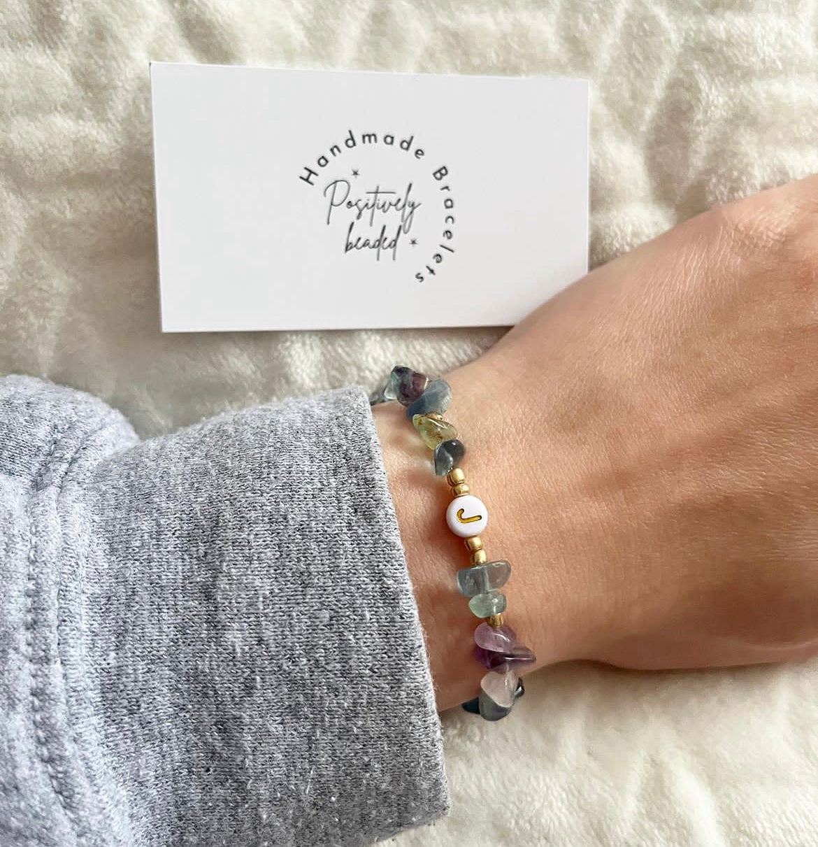 Rainbow fluorite personalised crystal bracelet - Positively Beaded