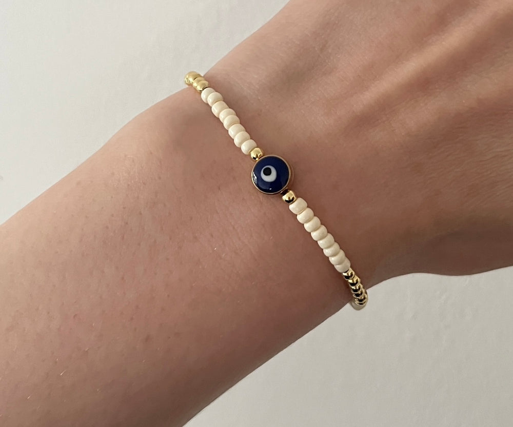 Cream and gold evil eye stacking bracelet - Positively Beaded