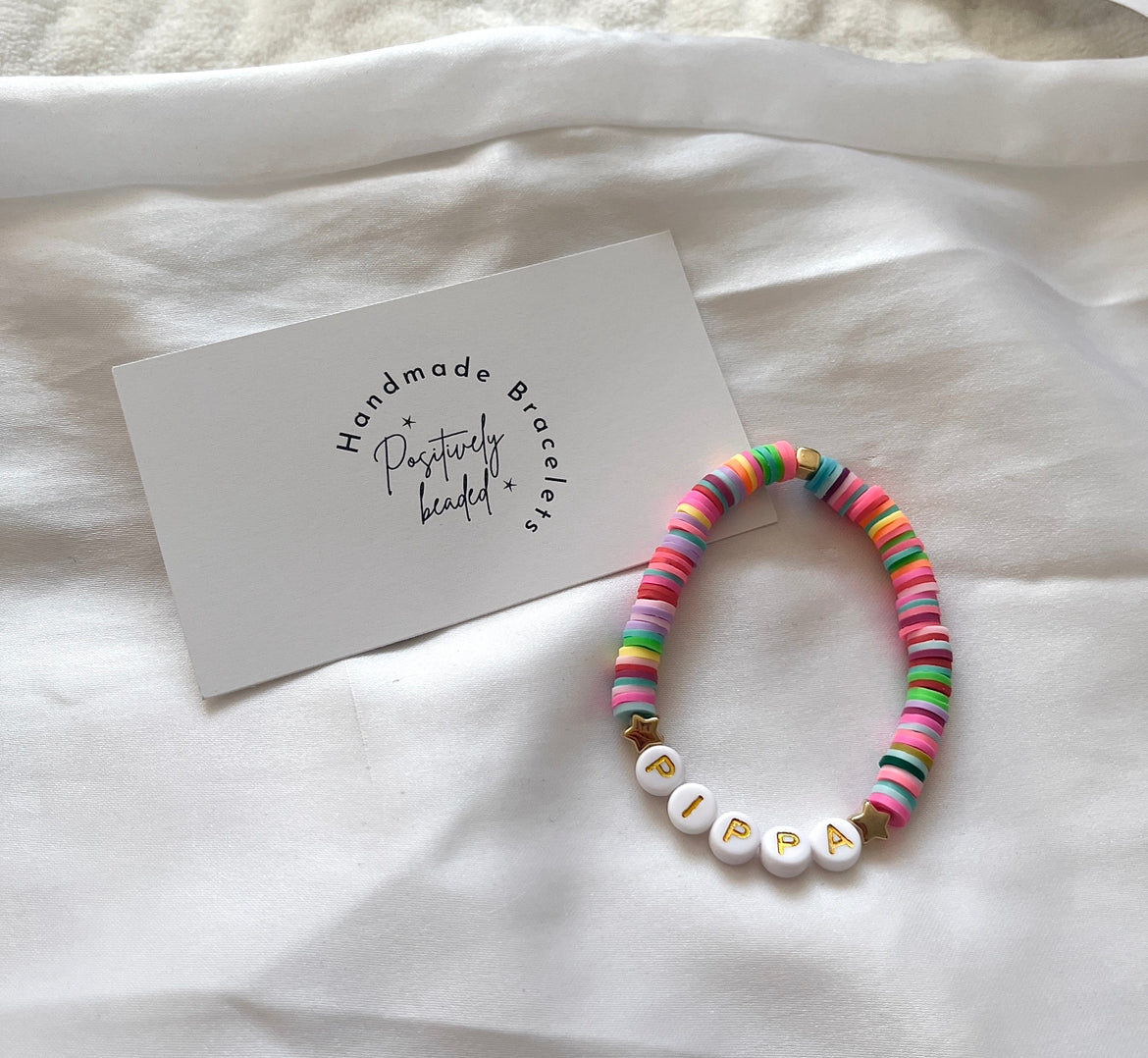 Rainbow and gold personalised heishi bracelet