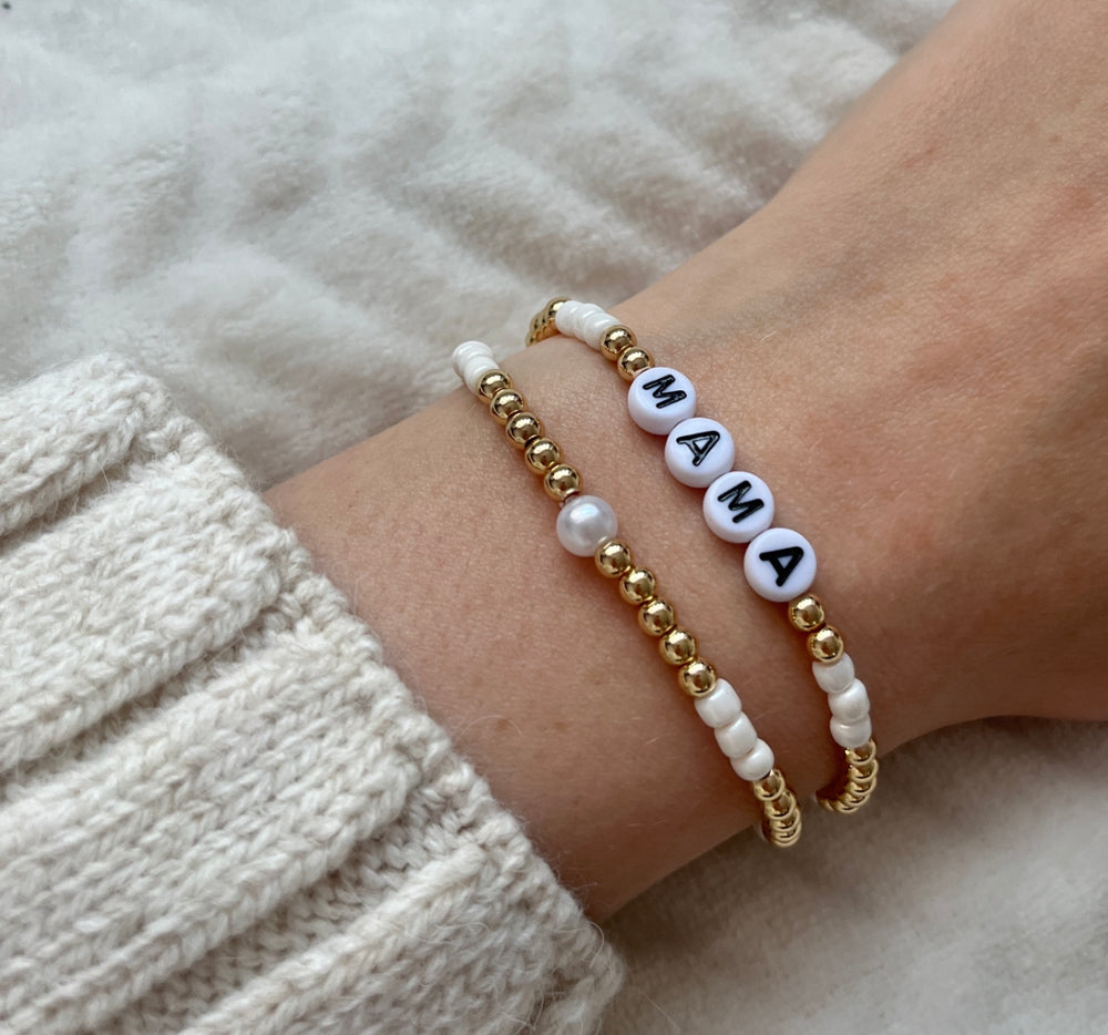 Pearl and gold name bracelet - Positively Beaded